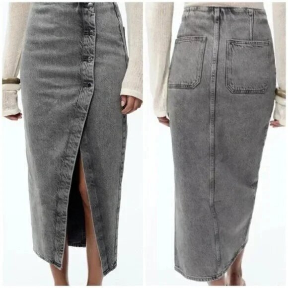 [⭐ PRICE FIRM] ZARA Denim Crossover Midi Skirt in Dark Gray Z1975 Medium M - Picture 1 of 16